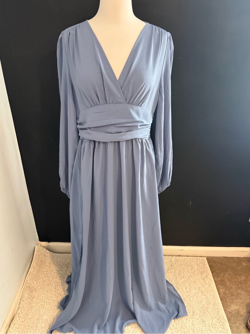 Women's Dusty Blue Long Sleeve V-Neck Maxi Dress Bridesmaid mother of bride